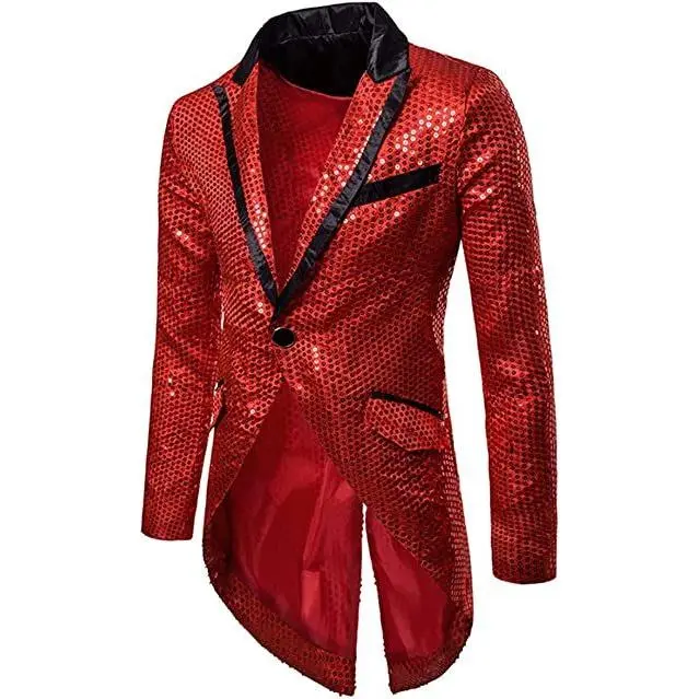 Mens Sequin Blazer Tailcoat Jacket Tuxedo Swallowtail Suits Shiny Dinner Party Show Tux Dress Coat