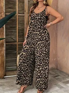 Women's Polyester Leopard Print Loose Suspender Overalls - Sleeveless, Pocketed, Elegant Lady Style for Spring & Summer European-American Wear