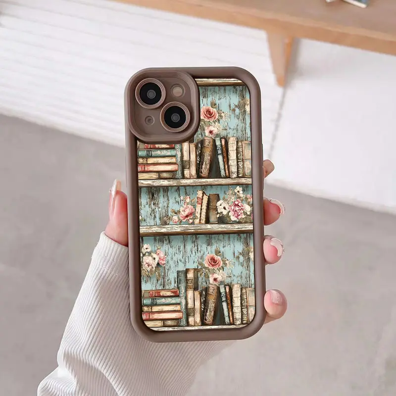 Aesthetic Bookshelf Pattern Smartphone Casing - Soft Silicone, Full Protection, Shockproof Handheld Device Case for iPhone 16 15 Pro Max 14 13 12 11 X XS-Max Plus, Book Lover Gift