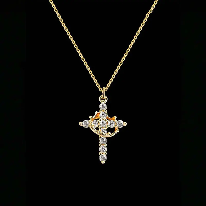Springtok Y2K Zircon Crown Cross Rotatable Clavicle Necklace - Unisex Exquisite Trendy Faith Pendant, Couple Birthday Gift Zircon Stones Artificial Gemstone Jewelry for Daily Wear