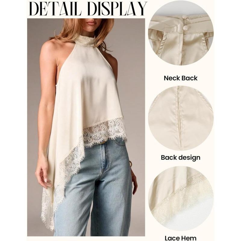 Yimoon Halter Tops for Women Y2k Mock Neck Sleeveless Top Lace Asymmetrical Hem Going Out Tank Tops
