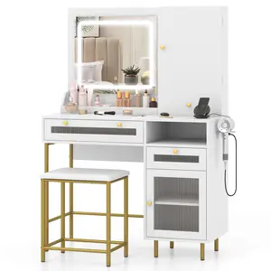 COSTWAY - Modern Makeup Vanity Desk with Mirror and Lights and Stool Set-White