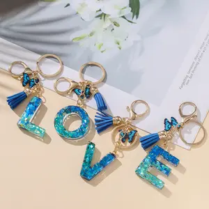 [Journey Canvas]  Women's Royal Blue Butterfly Tassel Letter Keychain, Glitter Mosaic Design, Lobster Clasp Key Ring for Keys Bags Backpacks