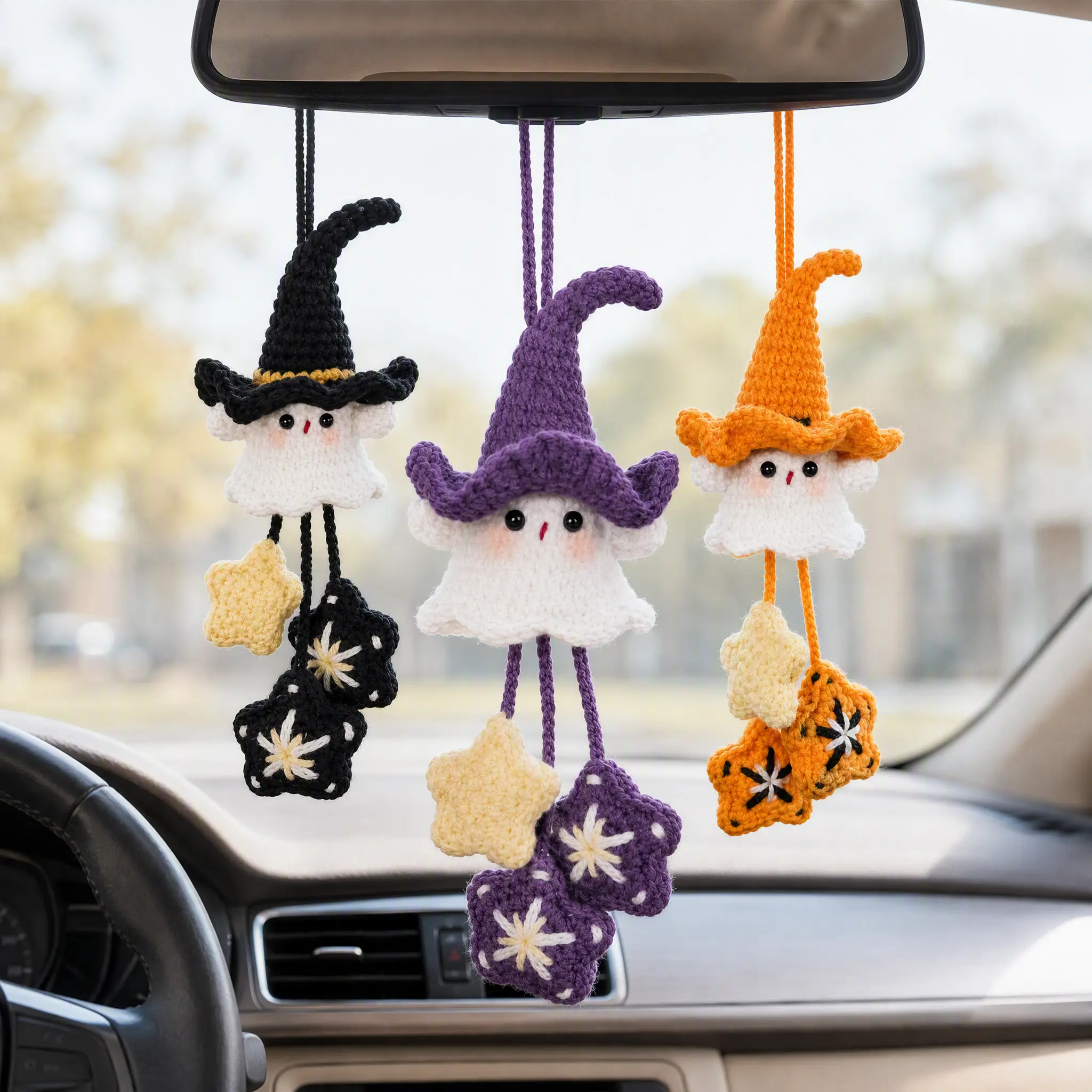 Handmade Crochet Halloween Ghost Car Hanging Ornament, Cute Witch Ghost Rearview Mirror Charm, Spooky Car Decor Gift