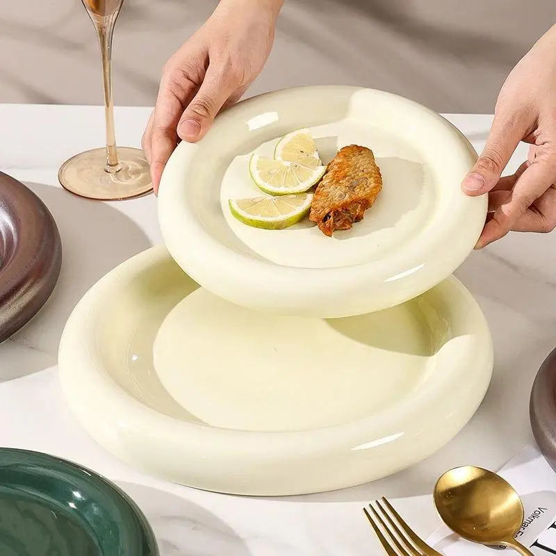 Nordic Style Ceramic Round Deep Plate, Thickened Glazed Serving Dish for Steak, Pasta, Salad, Fruit, Microwave & Dishwasher Safe, Modern Dinnerware for Home Kitchen Restaurant