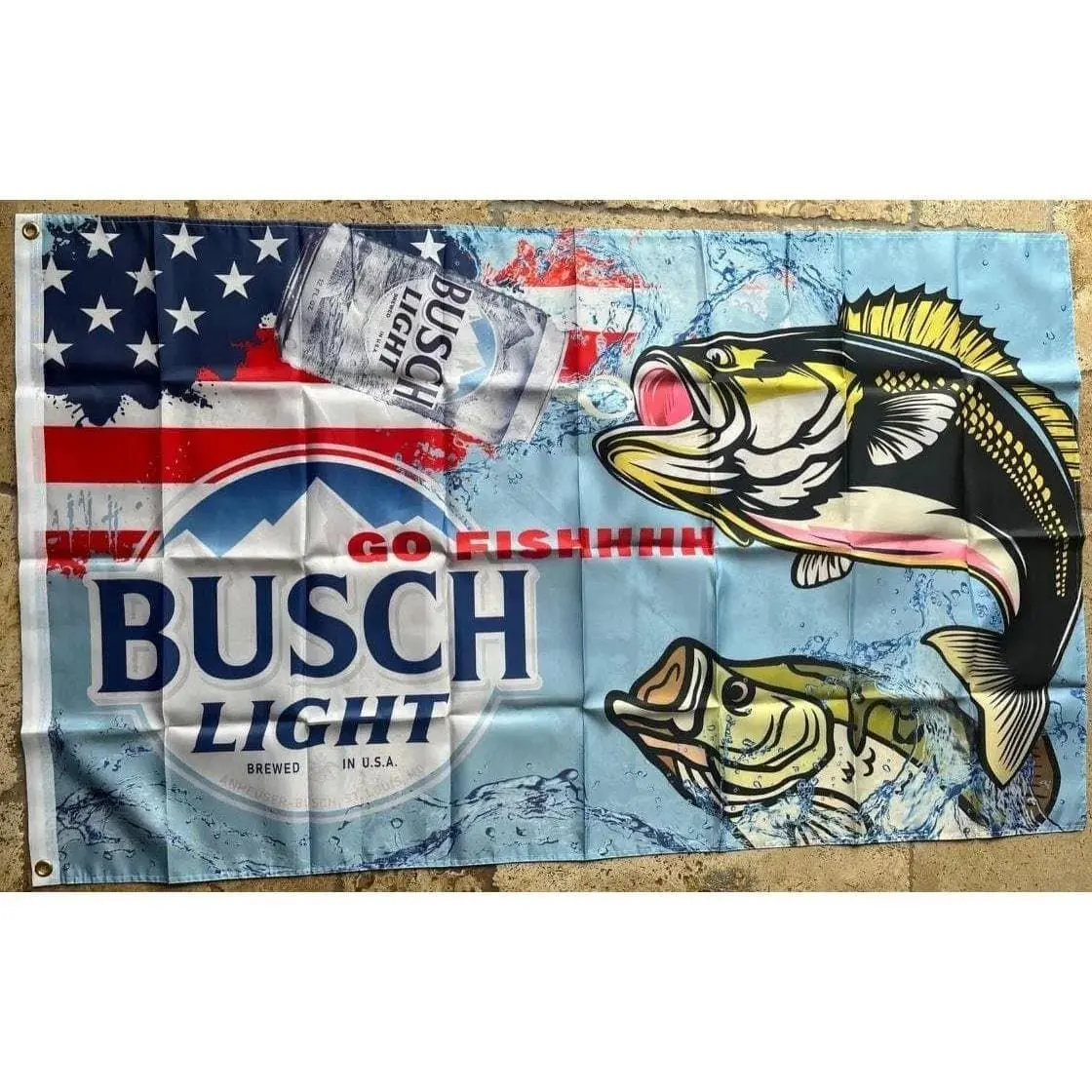 Busch Light Beer GO FISHHHH USA American Flag 3x5ft Banner Perfect Meme Gift for Beer Lovers and Fishing Trend Enthusiasts