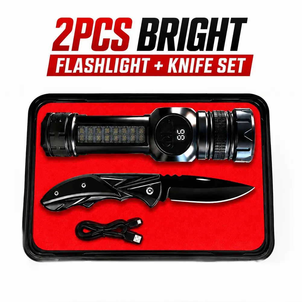 2PCS Rechargeable LED Flashlight & Folding Pocket Knife Set - Bright Zoomable Flashlight with Side Light, Durable Sturdy-Bladed Pocket Knife with Textured Grip, Outdoor Gear, Tactical Accessories, Tools and Gadgets, Mens Gifts for Father’s Day, Knives