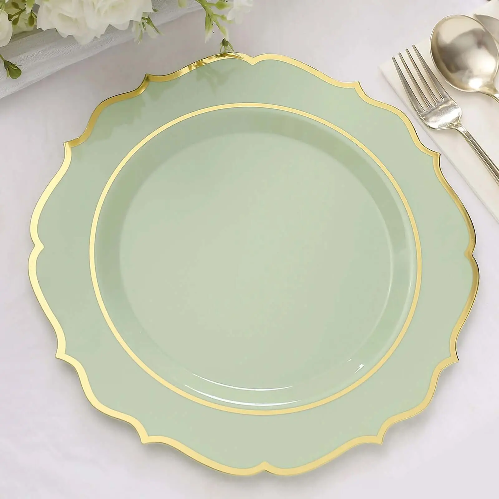 Pack of 10 Elegant Plastic Round Dinner Plates, 10 inches Sage Green with Gold Scalloped Rim - Disposable Dinnerware for Weddings, Party Supplies