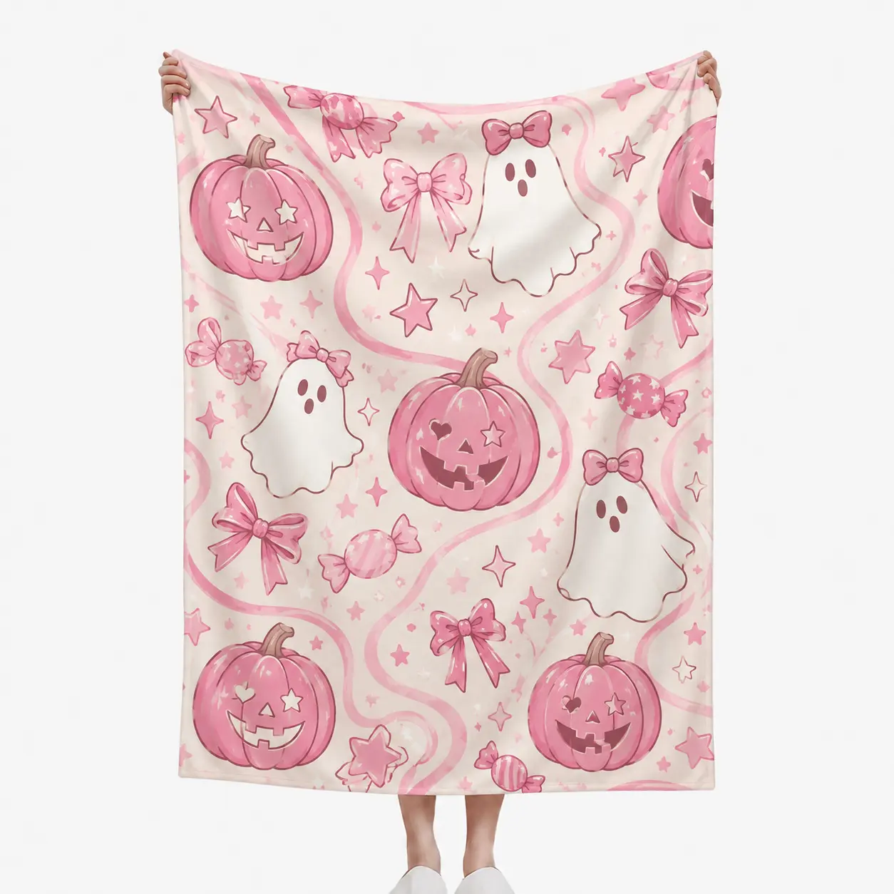 Pink Halloween Flannel Fabric Throw Blanket, Cute Ghost Pumpkins & Bow Printed Pattern, Soft Lightweight Cozy Blanket for Bed Sofa, Fall Bedroom Decor Gift for Women