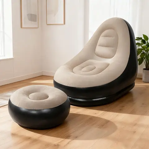 Portable Foldable Inflatable Lazy Chair with Matching Footstool - Soft-Touch Surface, Comfy Ergonomic Air Recliner for Adults, Free Hand Pump, Chair for Bedroom/Living Room Furniture, Relaxing Gifts for Indoor/Outdoor Use
