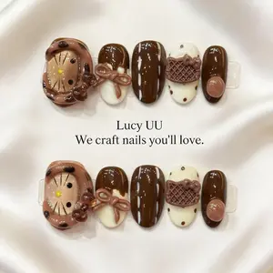 【Lucy UU】Cute Chocolate Brown 3D Cat Press On Nails Medium Square Shape Handmade Reusable Sweet Fake Nail With Bow Bag Accents For Women