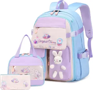 Girls Backpack Set, 3 count  Backpacks for Girl, Cute Bunny School Backpack for Girls  Teen  Elementary  Middle School Bags with Lunch Box Pencil Case Blue