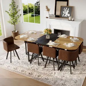[Bellemave] 9-Piece Dining Table Set for 8| White Faux Marble & Wood Grain Triamine Tabletop| 1 Dining Table & 8 Chairs| Family Gatherings, Dining Room