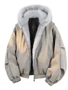 Men's Winter New Mountain Carving PU Leather Jacket, Large Fur Collar Hooded Fleece Lined Thick Coat, Warm Fashion Loose Fit Outdoor Sports