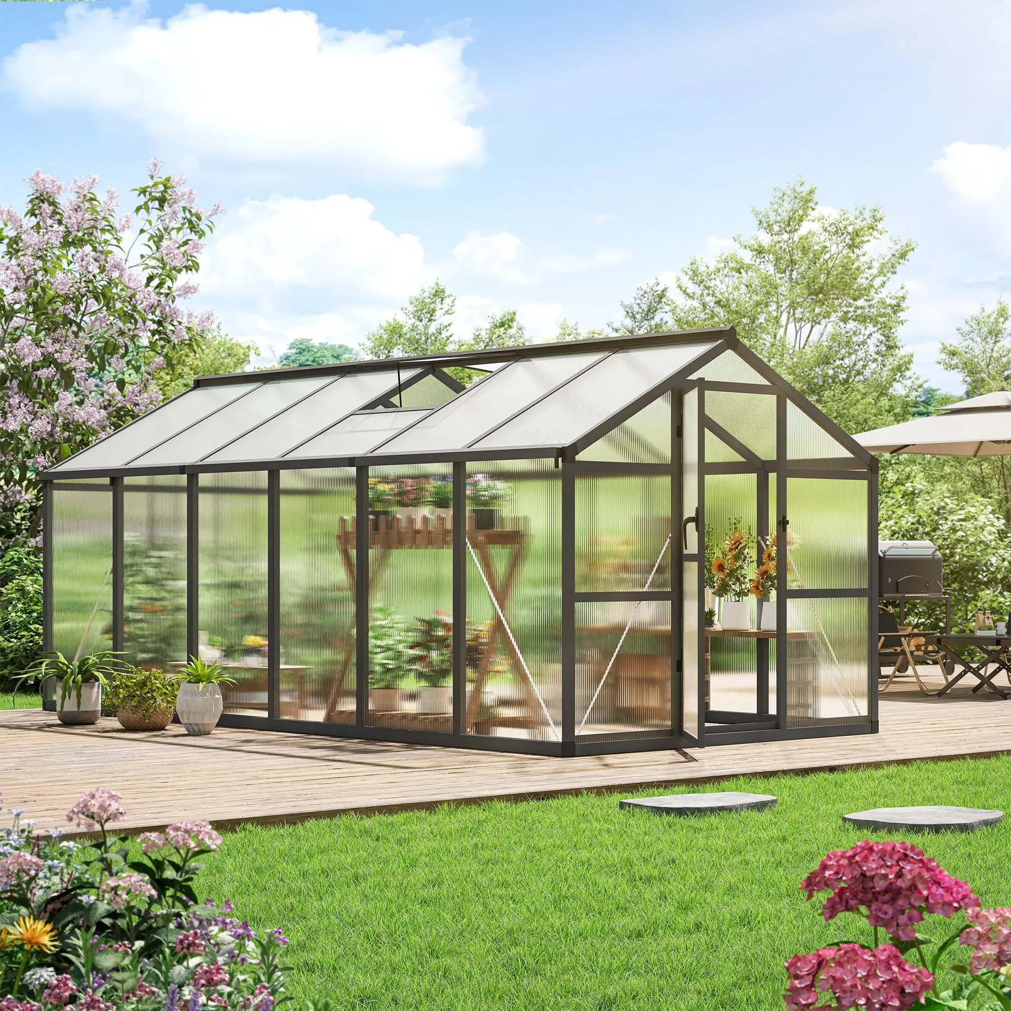 8x12 FT Dark Grey Polycarbonate Walk-in Greenhouse for Gardening, Heavy-Duty Aluminium Structure, Roof Vent for Ventilated Airflow, Lockable Outward-Opening Swing Door, All-Weather Water Resistant, Tool-Free Assembly Option for Garden, Backyard