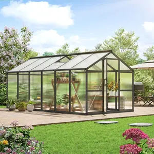 Dark Grey 8x12 FT Greenhouse, Polycarbonate Walk-in Greenhouse for Outdoors with Roof Vent & Lockable Outward-Opening Swing Door, Heavy-Duty Aluminum Green House for Garden, Backyard, Patio, Lawn