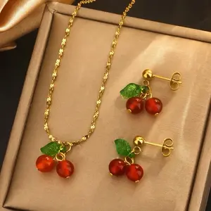 Cute Cherry Jewelry Sets 2 pcs - Includes Necklace and Earrings with Red Cherry Charms and Green Leaves Accents Stainless Steel