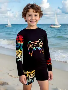 Sun Protection Swimwear Set, Game Controller Pattern Long Sleeve Swimsuit for Boys, Summer Outdoor Protective Swimwear, Swimsuits With Shorts, Swimsuit Sets