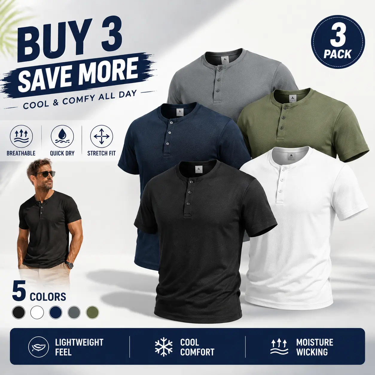 Men's Summer Three-Piece Henley Shirt Set - Lightweight and Soft, All-Day Comfort，Breathable, Quick Dry & Stretch Fit