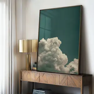 Green Cloud Wall Art, Modern Emerald Green Cloud Painting Large Minimalist Boho Cloud Beige Green Japandi Wall Art UNFRAMED