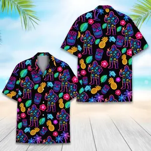 Neon Bigfoot & Tiki Hawaiian Shirt For Men Women, Funny Sasquatch Shirt Summer Beach Button Down, Tiki Tropical Shirt, Glow Party Outfit