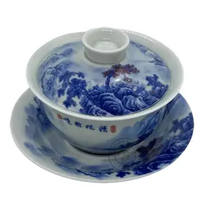 [Jingdezhen Qicheng Tang] Intangible Cultural Heritage Three-Part Hovering Gaiwan, Hand-Painted Underglaze Blue & White Landscape Pattern, 1380℃ High-Temperature Fired Magnetized Porcelain, Chinese Gongfu Tea Vessel Saucer Glossy
