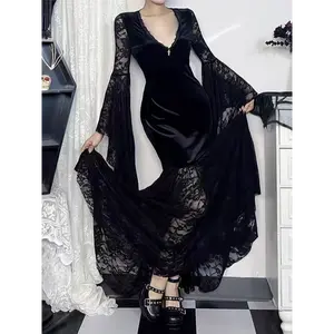 TikChic Closet Gothic Dark Halloween Long Dress Contrast Lace Velvet Patchwork Sexy Niche Flared Sleeve Unique Design