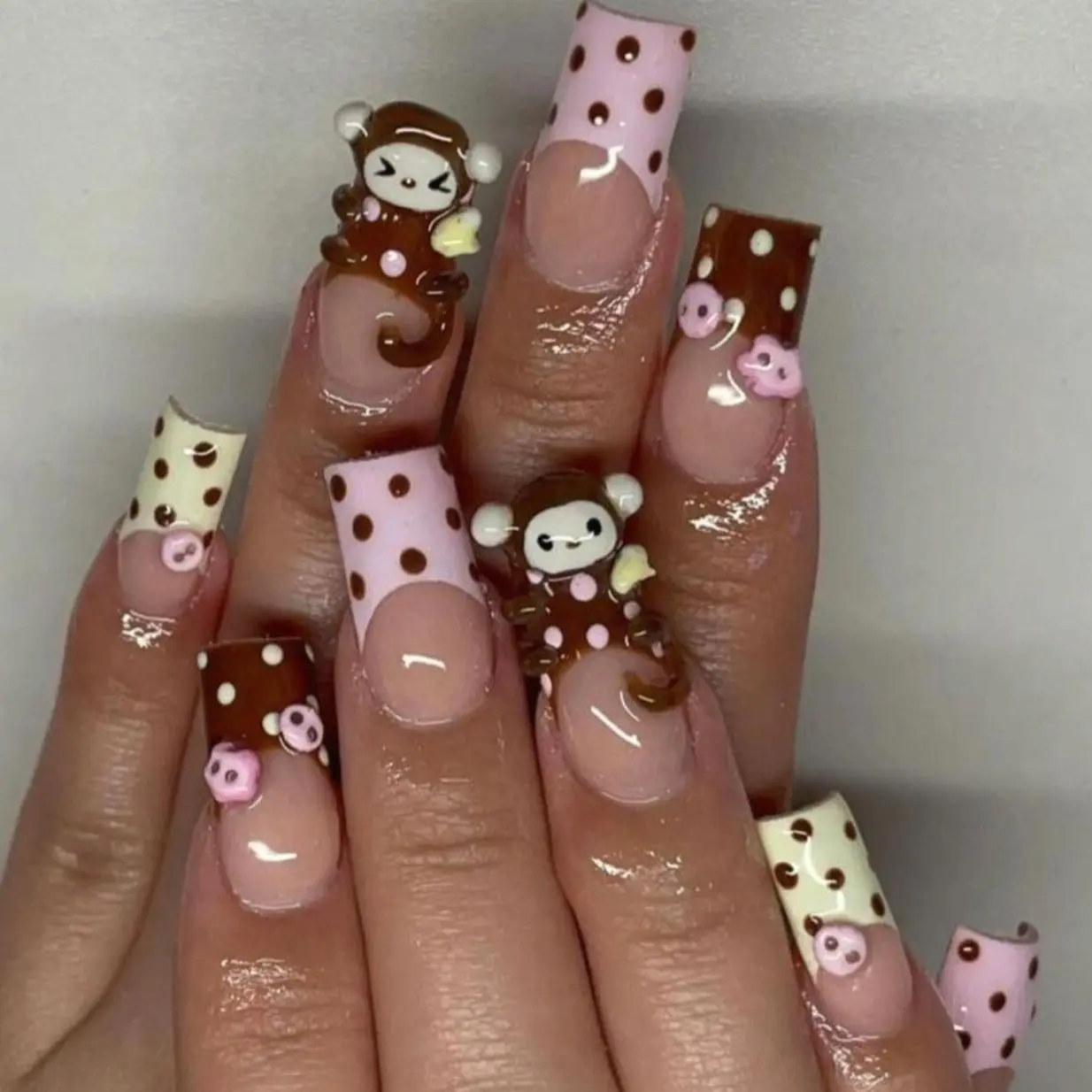 Cute Pink Monkey Press On Nails, Polka Dot French Tip Design, 3D Character Kawaii Nail Art, Handmade Square Nail Set