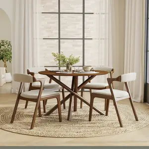 Roundhill Furniture Arnott 5-Piece Dining Set, Round Dining Table with 4 Stylish Chairs, Walnut Finish