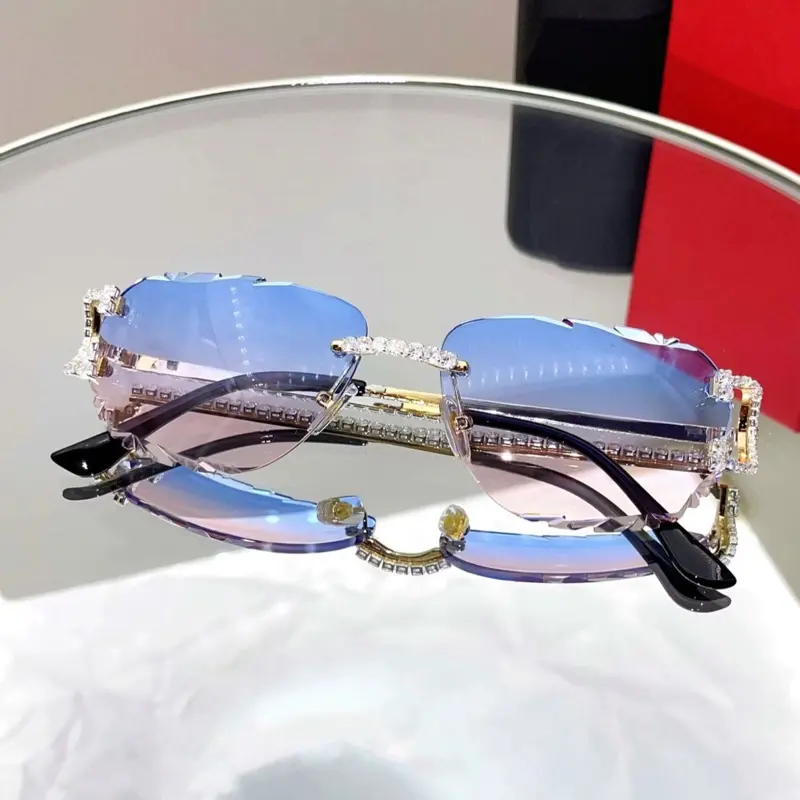 Luxury Rimless Round Cut Sunglasses Blue Pink Gradient Lens  display picture 2