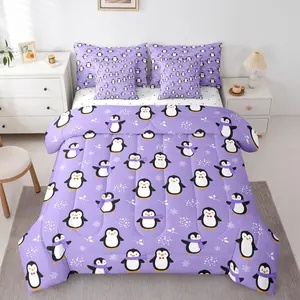 Penguin 7 Piece Bedding Set,Kawaii Kids Comforter Set with Sheets, Antarctic Animal Bed in A Bag,Cartoon Cute Winter Snowflake Bed Sets