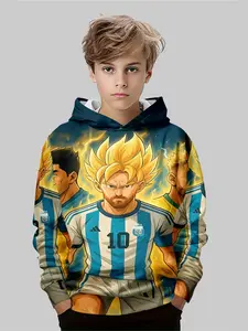 Boys' Fall Winter Fashion Hooded Sweatshirt, Graphic Team Hoodie, Casual Long Sleeve Sporty Pullover, Moderate Fabric, Random Print Design