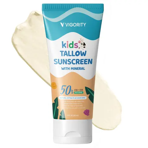 Vigority Kids Mineral Sunscreen Balm - SPF 50 Physical Sunscreen (Mineral ZnO), Kid-Safe Sun Care Cream, Beef Tallow & Lecithin-Infused, Natural Nontoxic Gentle Formula, Face & Body Sun Care, Water-Resistant UV Block, 3.4 FL OZ