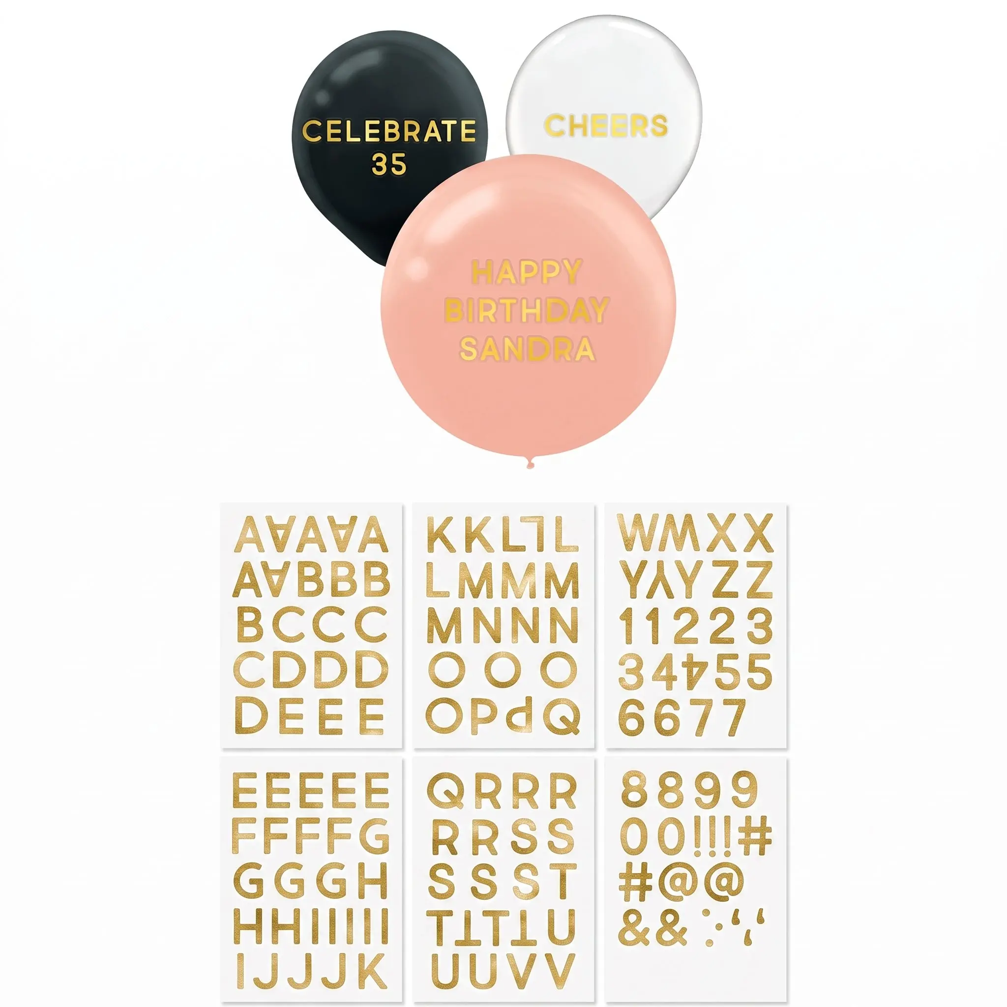 Gold Foil Balloon Stickers - Customizable Letter Sheets (6-Pack)