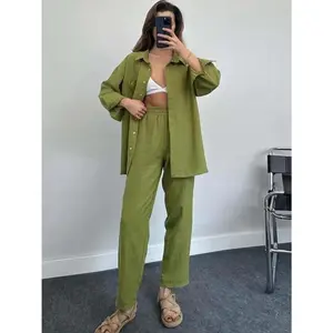 Muslim Two Pieces Set Women Suit Ramadan Eid Single Breasted Shirt Top Wide Leg Matching Sets Work Drawstring Pants Set 2025