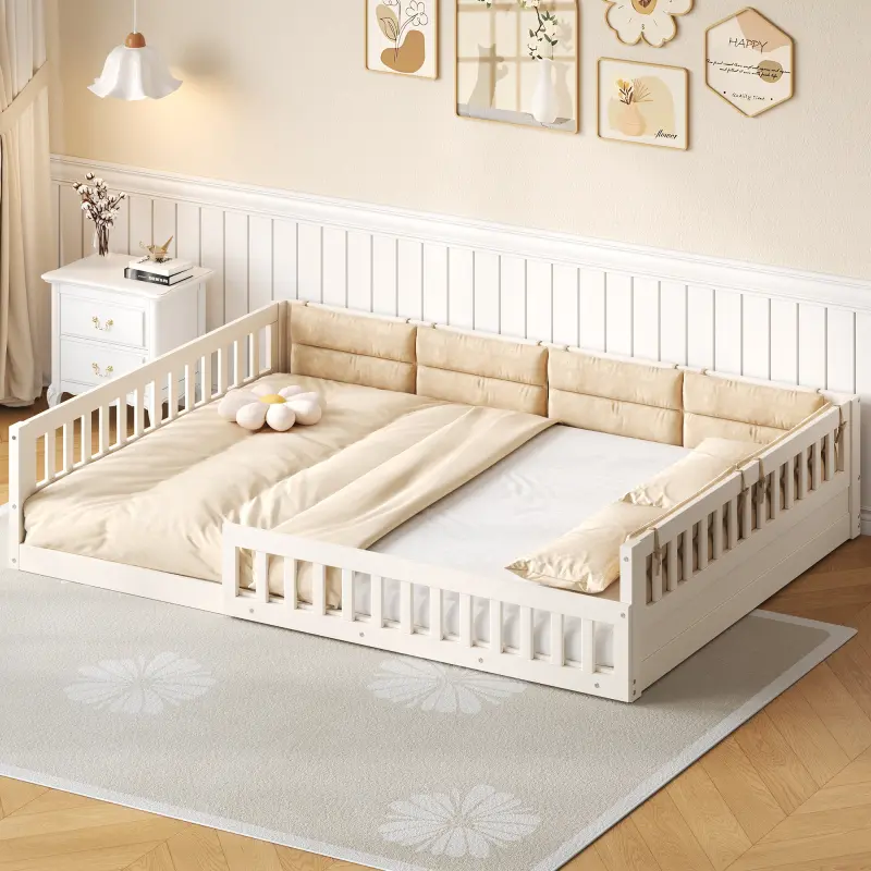 Beige Wood-MDF Full Size Upholstered Platform Bed Frame with Guardrail, Pillow, 7 Wood Slats - Low Profile, Guardrail Safe, 600 Lbs Capacity, Guest Use, 62.00 Lbs, 77.60in L x 56.70in W x 15.90in H, No Fire Safety Label, Requires Setup