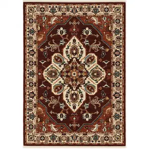 HomeRoots 509244 6 x 9 ft. Red Ivory Orange & Blue Oriental Power Loom Stain Resistant Rectangle Area Rug with Fringe