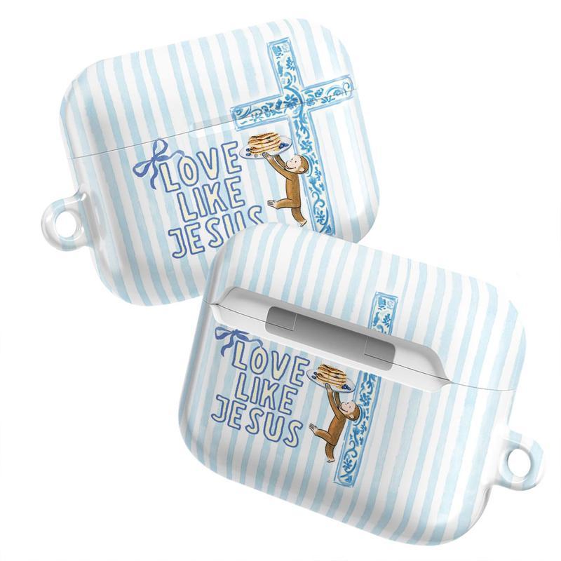 Coquette Curious George “Love Like Jesus” AirPods Case – Cute Christian Faith Cover – AirPods Pro/Pro 2, AirPods 1/2/3/4 Case– Inspirational Gift for Her & Him