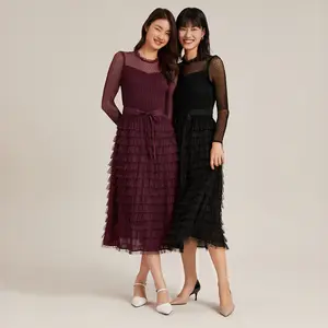 Pleated Tiered Sheer Sleeve Cake Midi Cocktail Dress