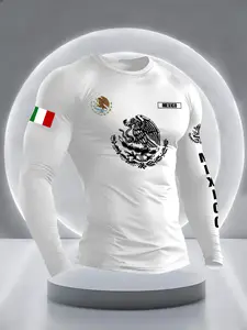 Men's Mexico Eagle Flag Print Long Sleeve T-Shirt, Casual Streetwear Summer Spring Fitted Pullover, Comfortable Breathable Fabric, Daily Commute Wear