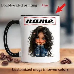 2026  1pc Personalized Cute Anime Girl Face Ceramic Cup, Double-sided Printing -11oz Hot and Cold Drink Cup, Customizable Name/text, 7 Colors Ideal Birthday/Valentine's Day Gift, Suitable for Girls and Anime Fans, Machine Washable, Elegant and Durable