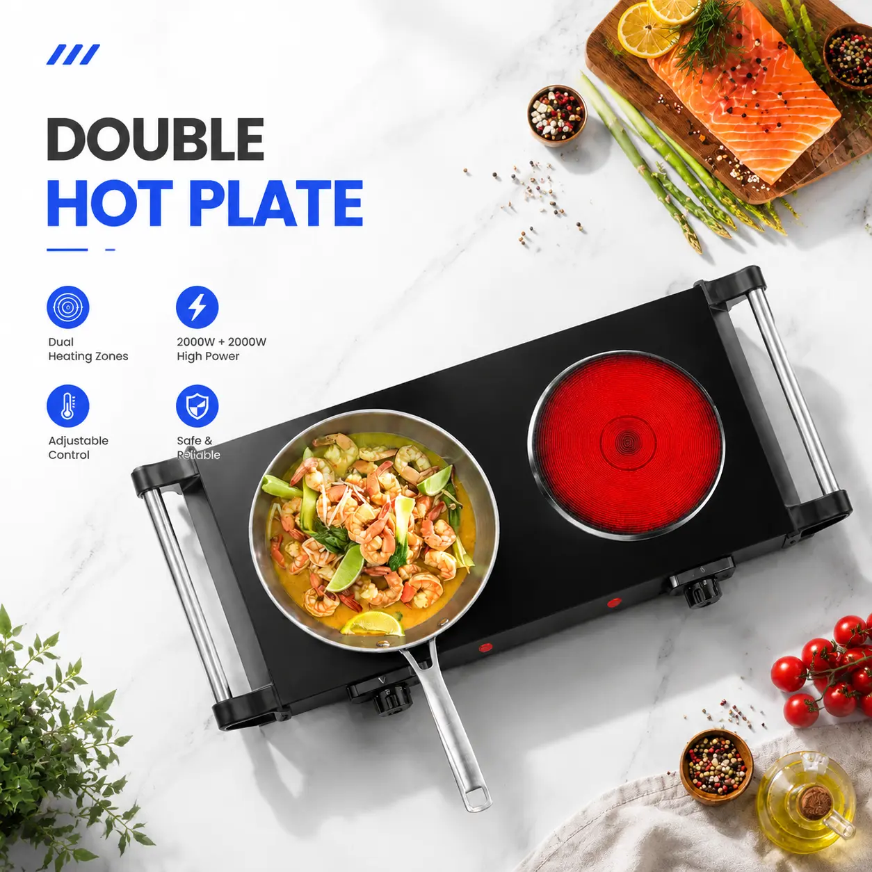 2000W Dual Electric Burner Portable Iron Body Coil Cooktop - 5 Temp Settings, Heats Evenly, US Plug, Portable Kitchen for Camping, Road Trips, Compact Build, Coil Heating, Safe Constant Temperature, Daily Use, Easy Clean-4272, Even Heating, 5 Temperature,