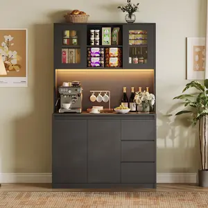 Garvee 71" Kitchen Pantry Cabinet,Tall Storage Cabinet with Doors & Shelves Adjustable, Kitchen Storage Hutch with Microwave Shelf,Coffee Bar,Led Lights&Charging Station,Corner Pantry Cabinet for Living Room