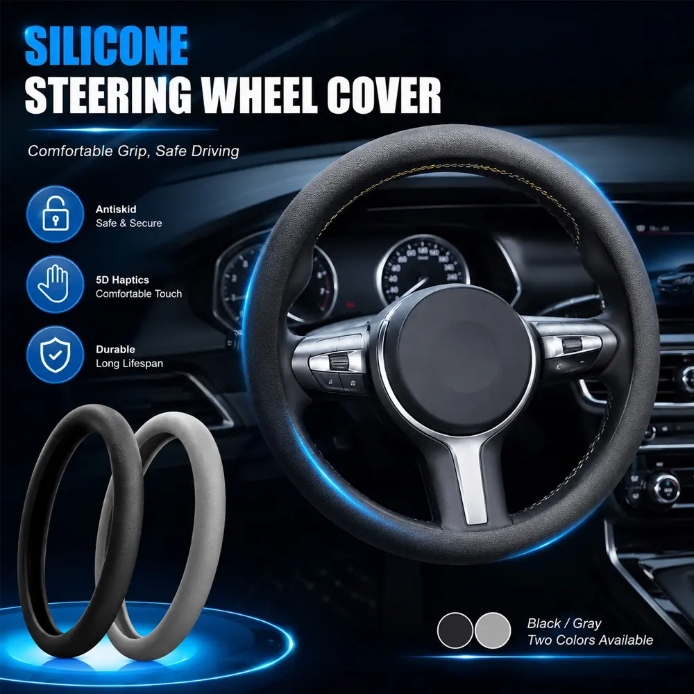 Soft Silicone Steering Wheel Cover - Anti-Slip, Sweat-Proof All-Weather Grip for Long Drives, Universal Automotive Protector, Black and Gray Car Interior Accessory, Steeringwheelcover, Grip Steering Wheel Covers