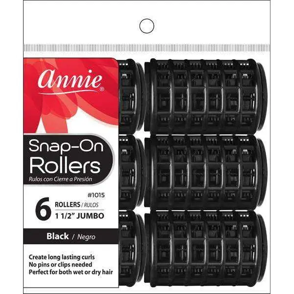 Annie Heatless Snap-On Plastic Resin Hair Rollers - 1.5 in Jumbo Size, 6-Count Black Haircare Set for Long Curls, Heatless Curl, Wet/Dry Hair Tools & Accessories