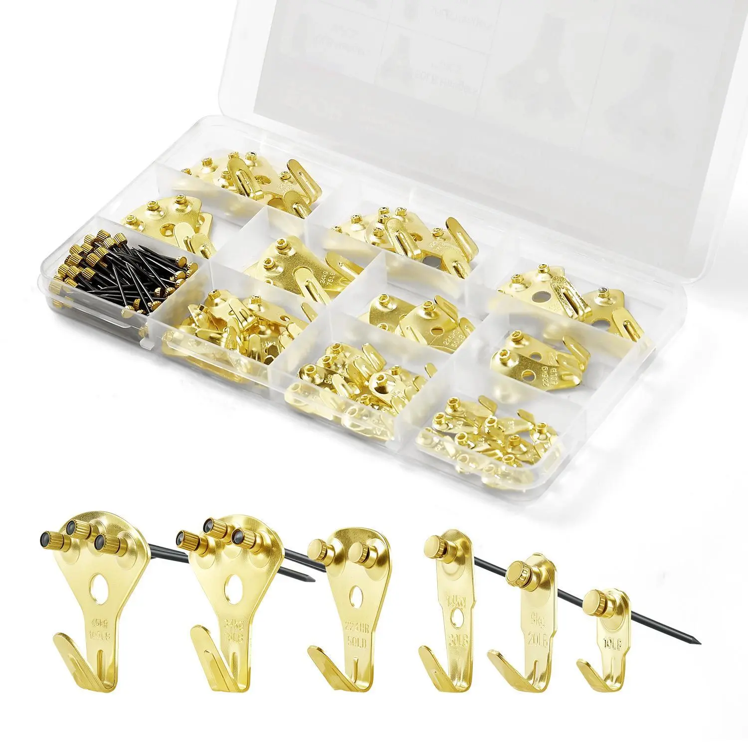 【summerfinds】VEVOR 130 Pieces Picture Hanging Kit, 10lb, 20lb, 30lb, 50lb, 75lb and 100lb Picture Hangers, Metal Pictures Hanging Hooks with Nails for Mirror, Painting, Photo Frame on Drywall & Wooden Wall, Gold