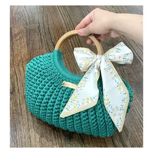 Crochet Handbag with Wooden Handles & Scarf - Casual Style Chic Purse - Bag with Lining