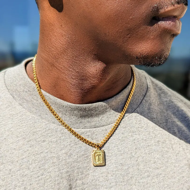 Jewelfairy Initial Letter Pendant Necklace for Men Womens, 18K Gold Plated Square Capital  A-Z Necklace 5mm Cuban Chain Necklace 18/20/22/24/26 Inch