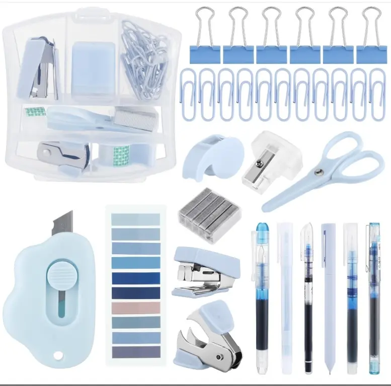 Mini Office Supply Kit Includes Stapler Tape Dispenser Staple Remover Paper Clips Scissor Staples Pen Sharpener Note Small Telescopic Knife for Office and School Clerk Student