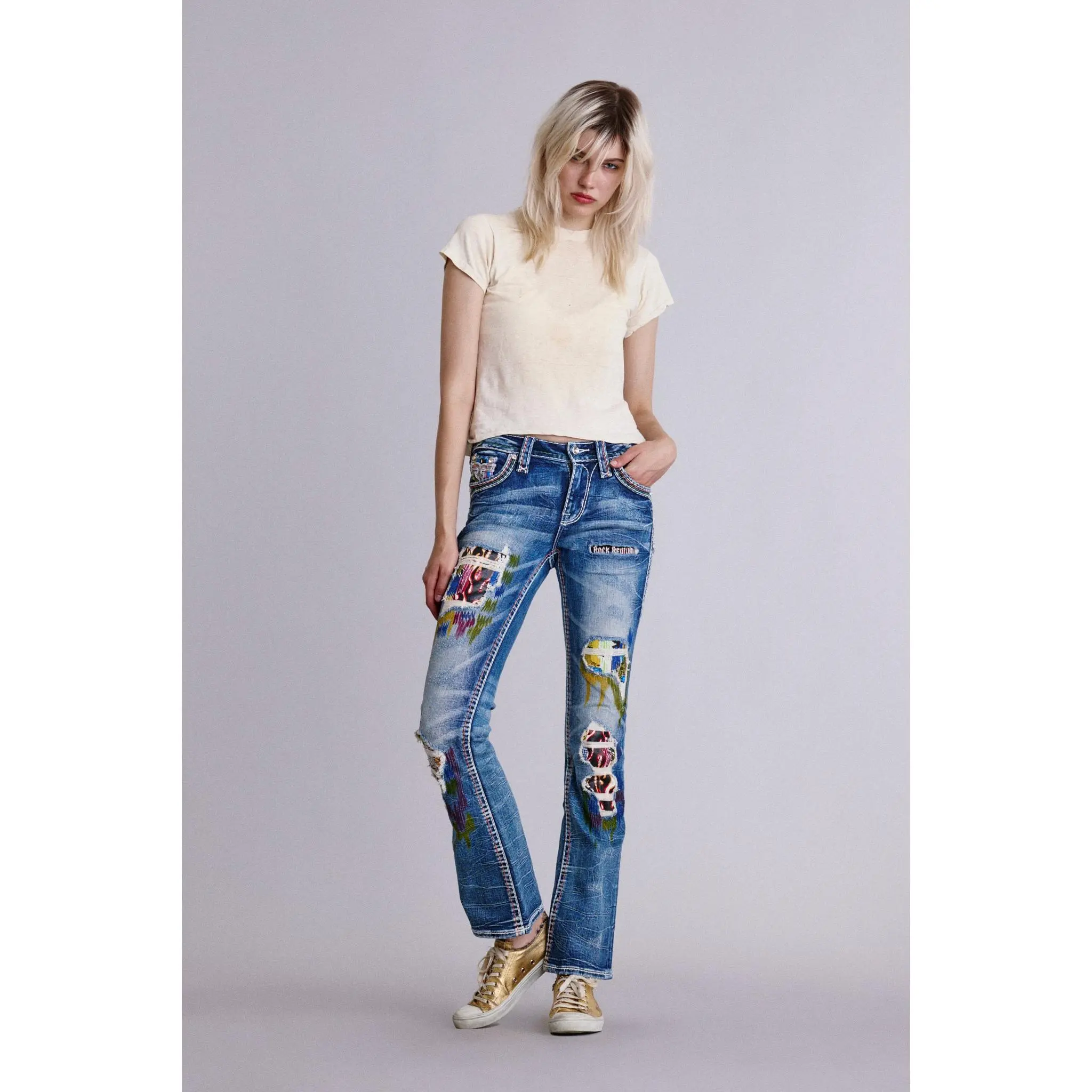 rr Women's Harlow Bootcut Jeans - Mid-Rise Embroidered Stretch Denim with Bedazzled Pockets and Leather Patch, Pants, Crystal, Embellished Jeans, Silver